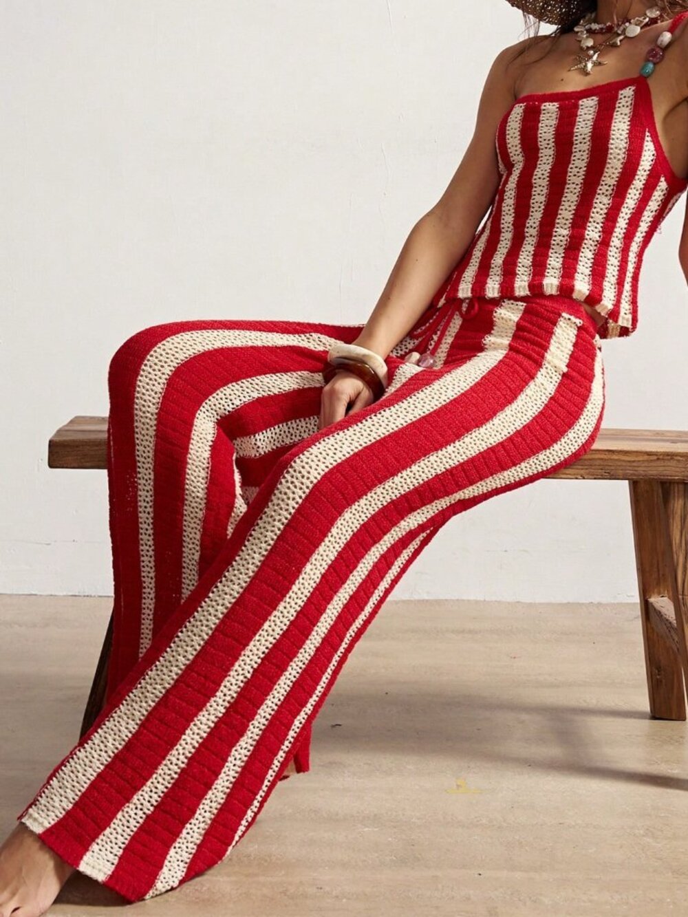 Red Casual Women's Boho Striped Wide Leg Knit Pants - Picture 4 of 8